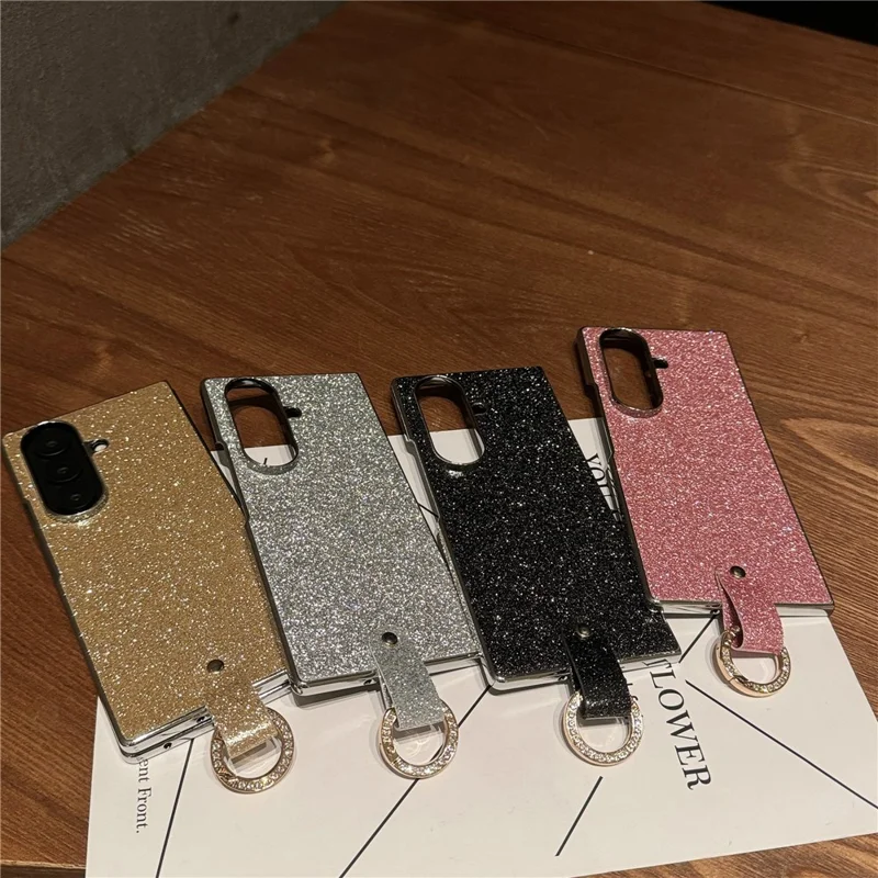 For Samsung Galaxy Z Fold7 5G Case Electroplated Glitter PU Leather + PC Protective Cover with Portable Ring Strap - Silver