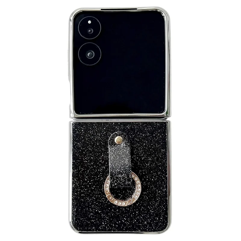 For Xiaomi Mix Flip 2 Case Electroplated Glitter PU Leather + PC Protective Cover with Portable Ring Strap - Black