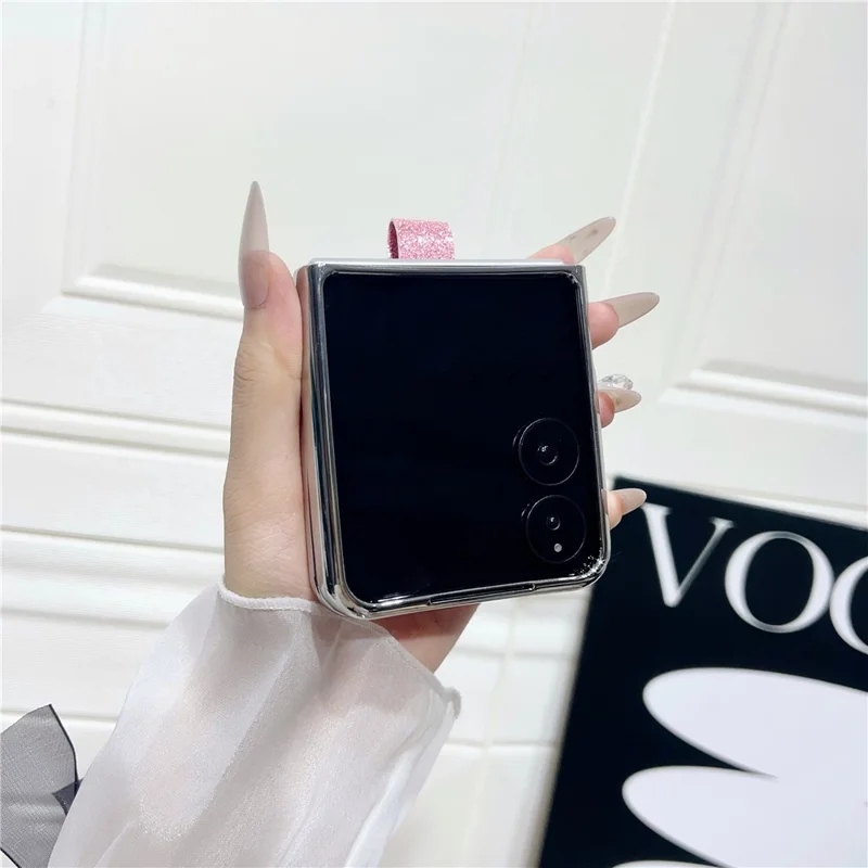 For Xiaomi Mix Flip 2 Case Electroplated Glitter PU Leather + PC Protective Cover with Portable Ring Strap - Black