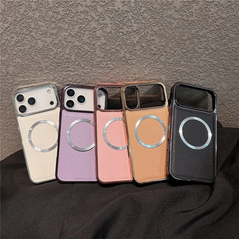 For iPhone 17 Pro Max Magnetic Case Electroplating Litchi Texture PU TPU PC Phone Back Cover - Orange