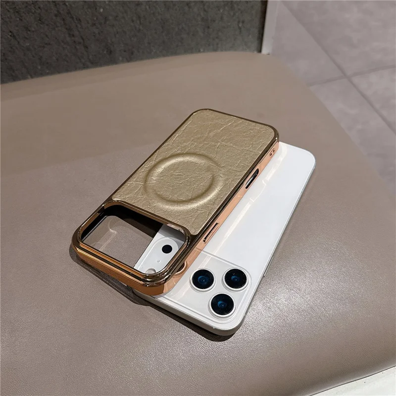 For iPhone 17 Pro Magnetic Case Electroplated Crackle Litchi Texture PU TPU PC Phone Back Cover - Silver