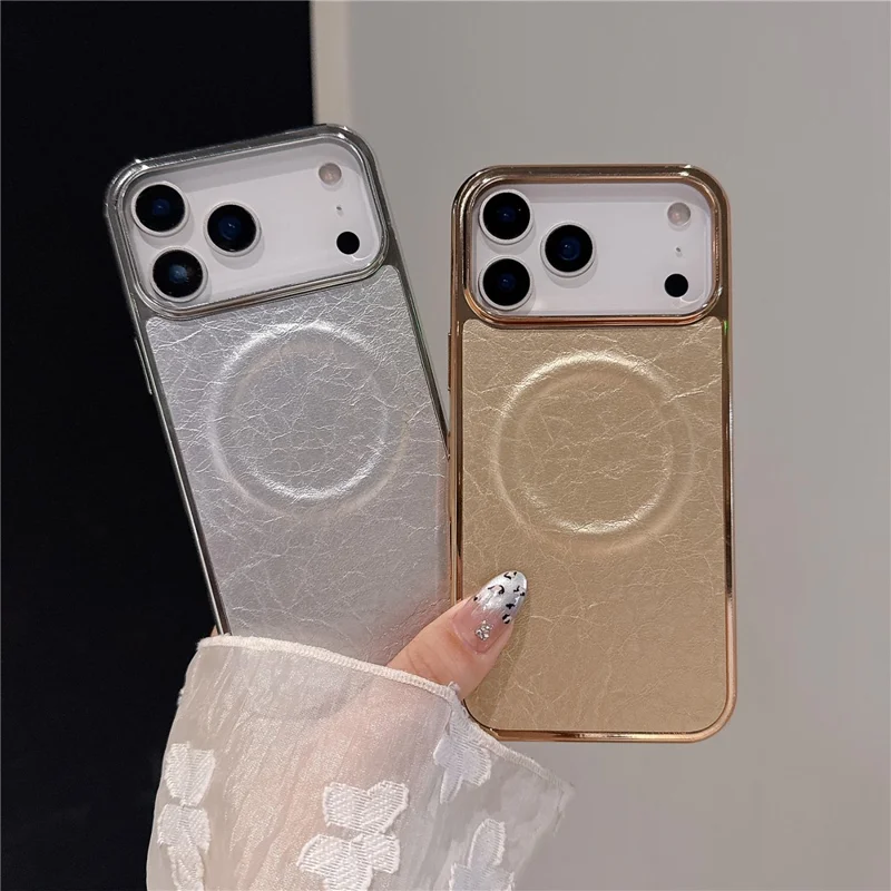 For iPhone 17 Pro Magnetic Case Electroplated Crackle Litchi Texture PU TPU PC Phone Back Cover - Silver