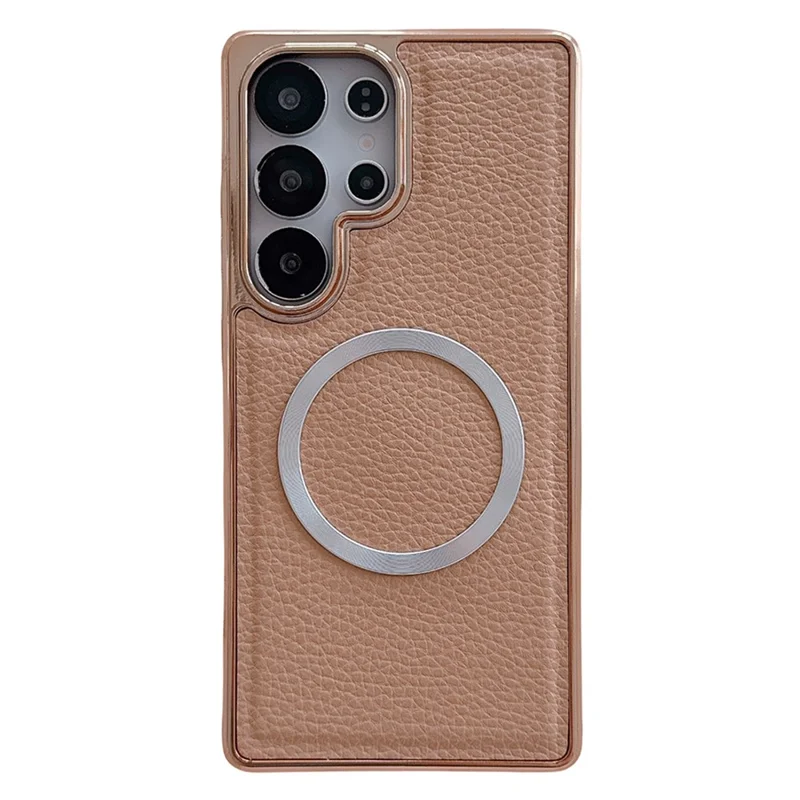 For Samsung Galaxy S24 Ultra Magnetic Case Electroplating Litchi Texture PU TPU PC Phone Back Cover - Gold