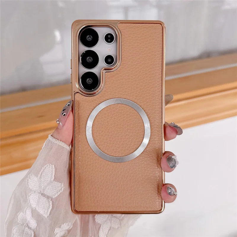 For Samsung Galaxy S24 Ultra Magnetic Case Electroplating Litchi Texture PU TPU PC Phone Back Cover - Gold