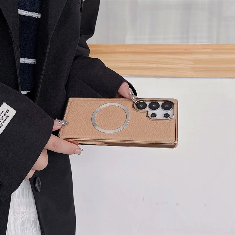 For Samsung Galaxy S24 Ultra Magnetic Case Electroplating Litchi Texture PU TPU PC Phone Back Cover - Gold
