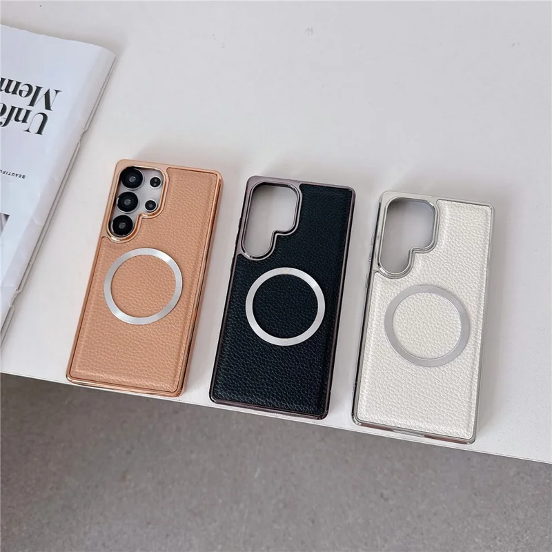 For Samsung Galaxy S24 Ultra Magnetic Case Electroplating Litchi Texture PU TPU PC Phone Back Cover - Gold