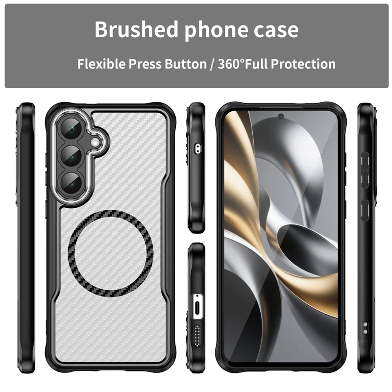 For Samsung Galaxy S25 FE Case Compatible with MagSafe Hybrid Phone Cover Carbon Fiber - Black