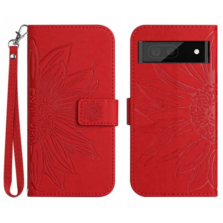 Pour Google Pixel 7 Pro 5G HT04 Téléphone Case de Téléphone, Collision Collision Colliste de Support de Tournesol en Cuir PU Imprimé Avec Sangle à Main - Rouge