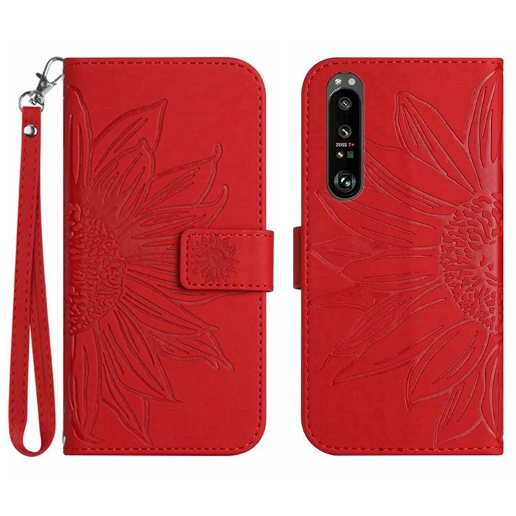 Para Sony Xperia 1 IV 5G HT04 Case de Teléfono, Touch de Cuero Touch PU Imprimido Girar Girwerwer Soporte Fuera de la Billetera Con Correa Para la Mano - Rojo