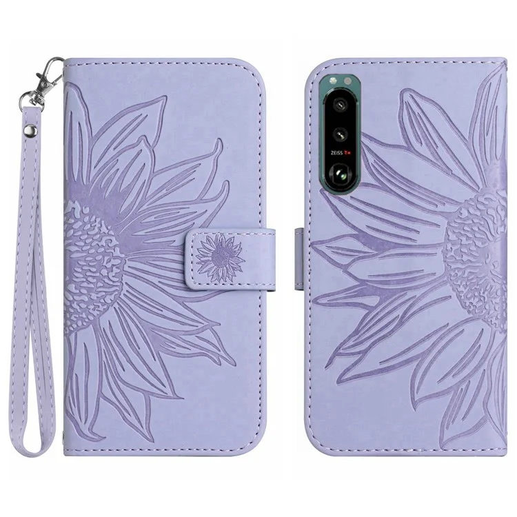Para Sony Xperia 5 IV 5G HT04 Case de Teléfono, Cuero de Cuero Touch PU Imprimido Visualización de Girasol Soport Cover Con Correa de Mano - Púrpura Ligera