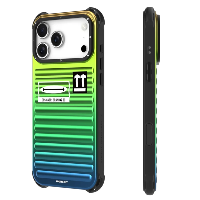 YOUNGKIT For iPhone 17 Pro Case Suitcase Style TPU + Aluminium Alloy Laser Gradient Phone Cover - Orange  /  Green  /  Blue