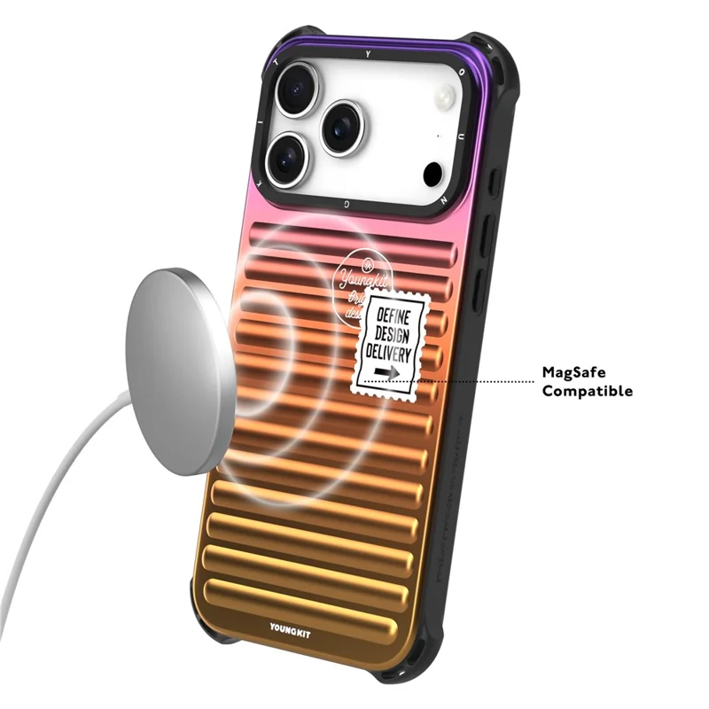 YOUNGKIT For iPhone 17 Pro Case Suitcase Style TPU + Aluminium Alloy Laser Gradient Phone Cover - Purple  /  Red  /  Yellow