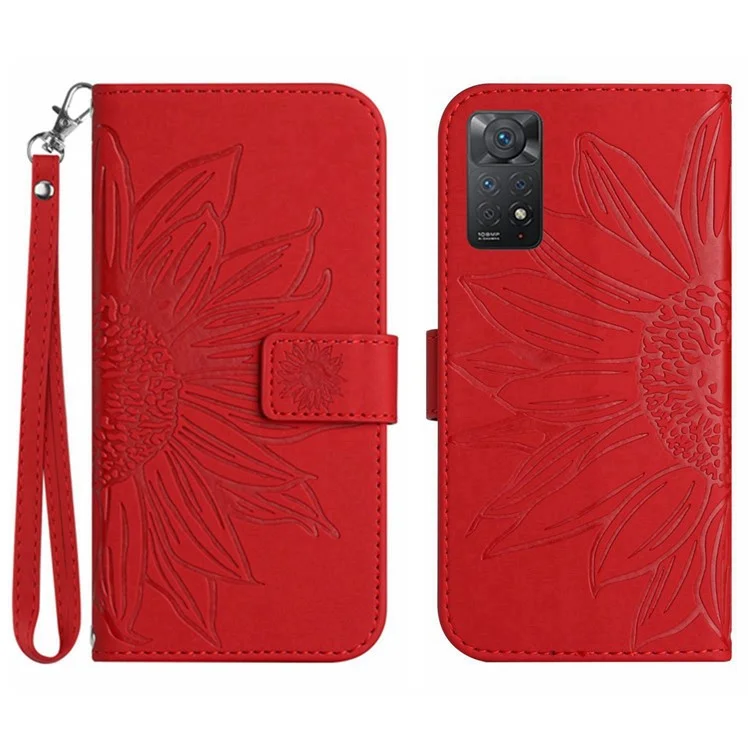 Para Xiaomi Redmi Note 11 4G (Qualcomm) / Nota 11S 4G HT04 Case de Teléfono, Cuesta de Soporte de Cuero de Cuero PU de Cierre Magnético Cubierta de Billetera de Soporte de Girasol Con Correa Para la Mano - Rojo