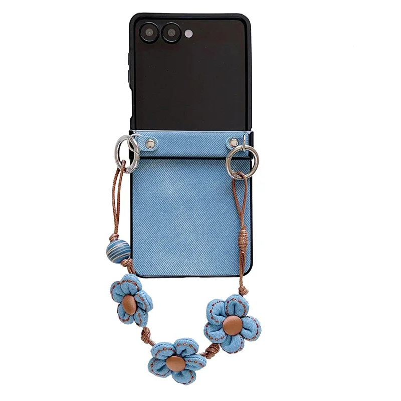 For Samsung Galaxy Z Flip7 5G Case Jeans Cloth Texture TPU + PC Phone Cover with Floral Strap - Baby Blue