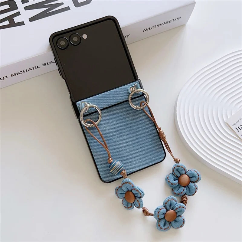 For Samsung Galaxy Z Flip7 5G Case Jeans Cloth Texture TPU + PC Phone Cover with Floral Strap - Baby Blue