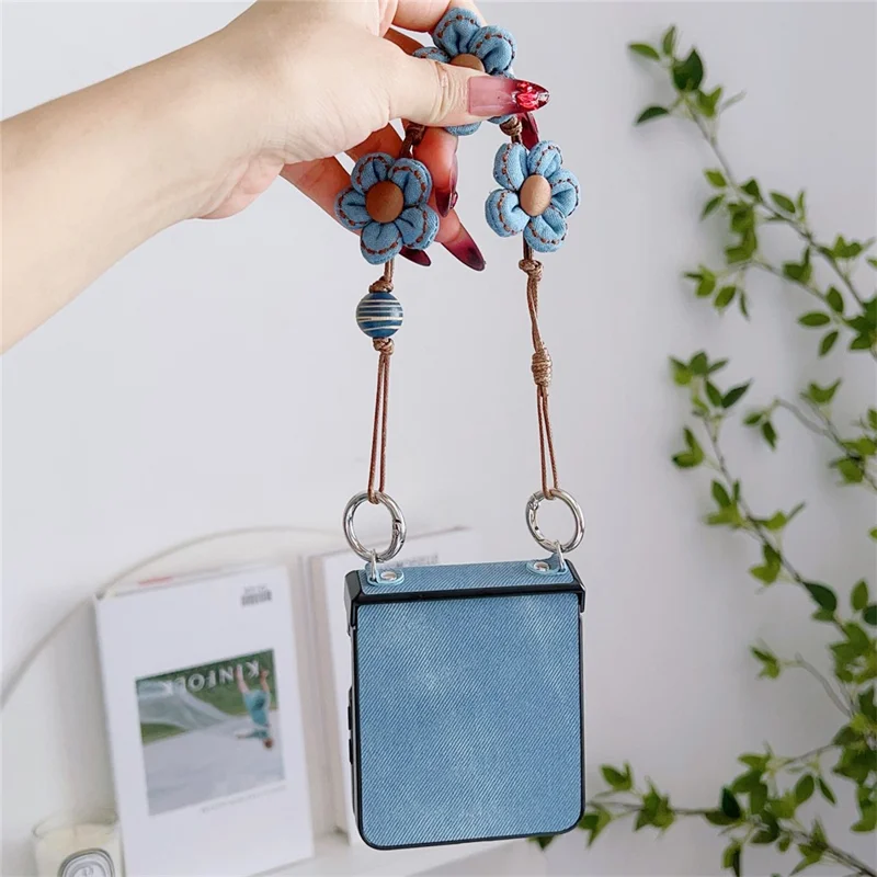 For Samsung Galaxy Z Flip7 5G Case Jeans Cloth Texture TPU + PC Phone Cover with Floral Strap - Baby Blue
