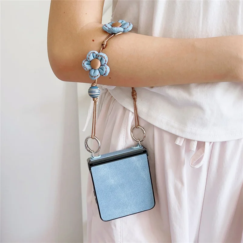 For Samsung Galaxy Z Flip7 5G Case Jeans Cloth Texture TPU + PC Phone Cover with Floral Strap - Baby Blue