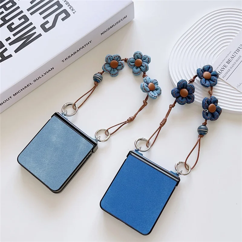 For Samsung Galaxy Z Flip7 5G Case Jeans Cloth Texture TPU + PC Phone Cover with Floral Strap - Baby Blue