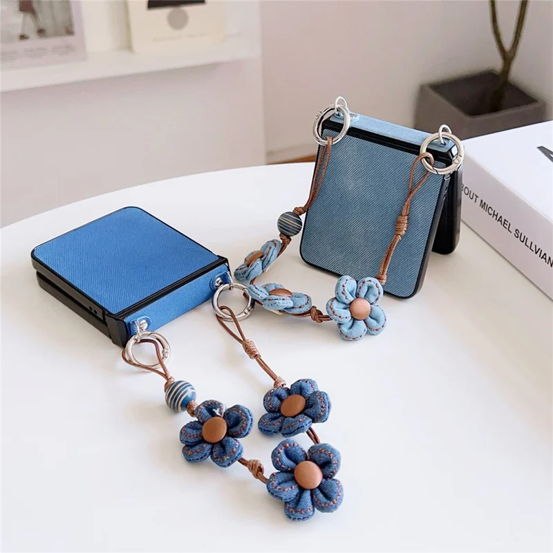 For Samsung Galaxy Z Flip7 5G Case Jeans Cloth Texture TPU + PC Phone Cover with Floral Strap - Baby Blue