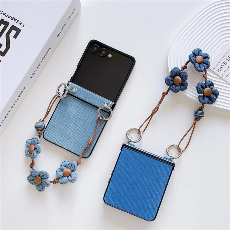 For Samsung Galaxy Z Flip7 5G Case Jeans Cloth Texture TPU + PC Phone Cover with Floral Strap - Baby Blue
