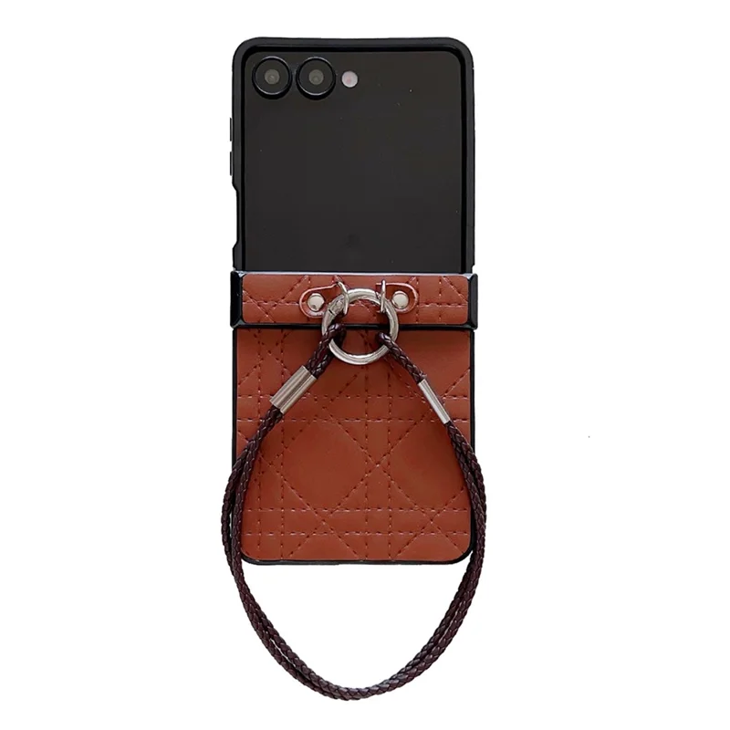 For Samsung Galaxy Z Flip7 5G Case Imprinted Rhombus TPU + PC Phone Cover with Wrist Strap - Brown