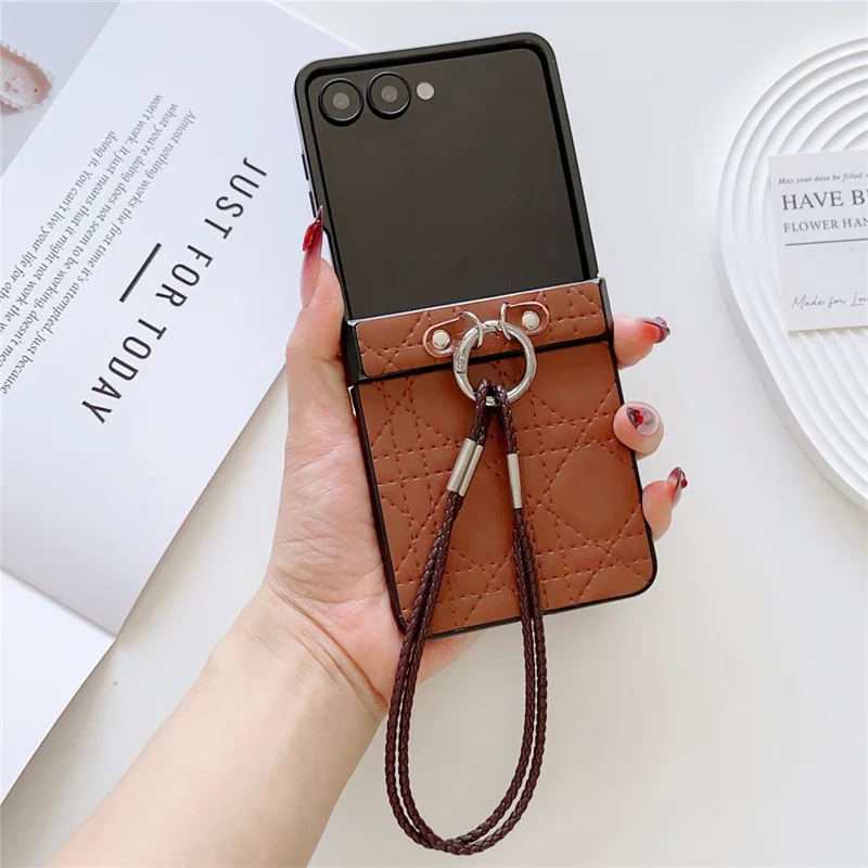 For Samsung Galaxy Z Flip7 5G Case Imprinted Rhombus TPU + PC Phone Cover with Wrist Strap - Brown