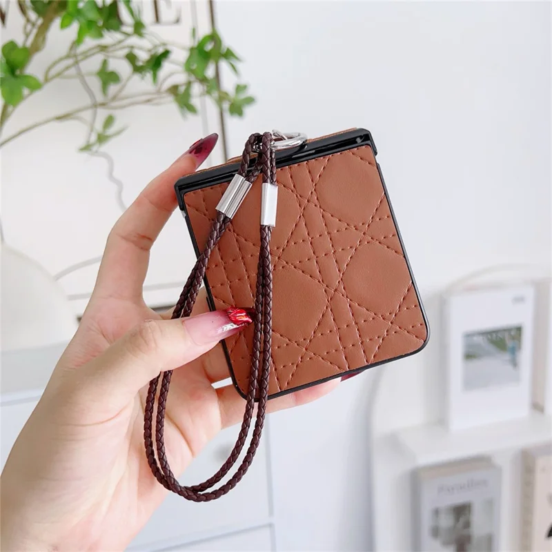 For Samsung Galaxy Z Flip7 5G Case Imprinted Rhombus TPU + PC Phone Cover with Wrist Strap - Brown