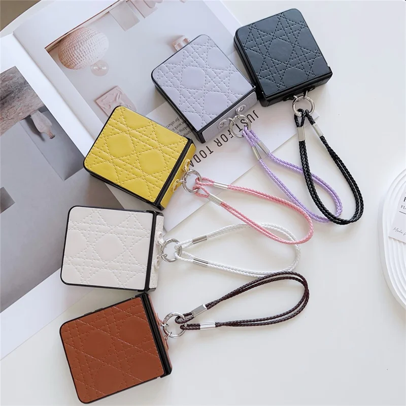 For Samsung Galaxy Z Flip7 5G Case Imprinted Rhombus TPU + PC Phone Cover with Wrist Strap - Brown