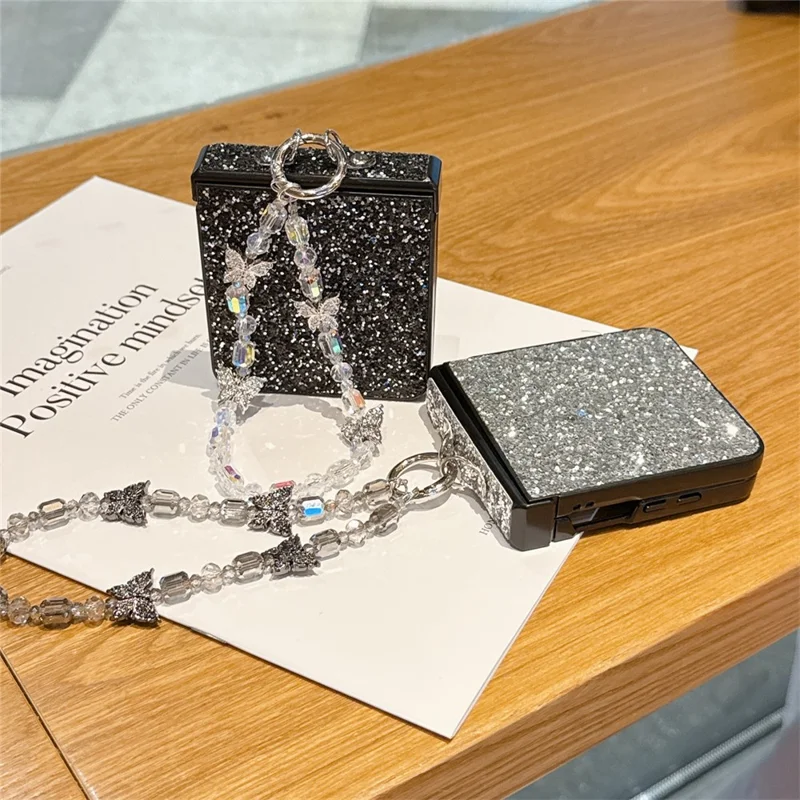 For Samsung Galaxy Z Flip7 5G Case Glitter Rhinestone TPU PC Phone Cover with Butterfly Wrist Strap - Silver