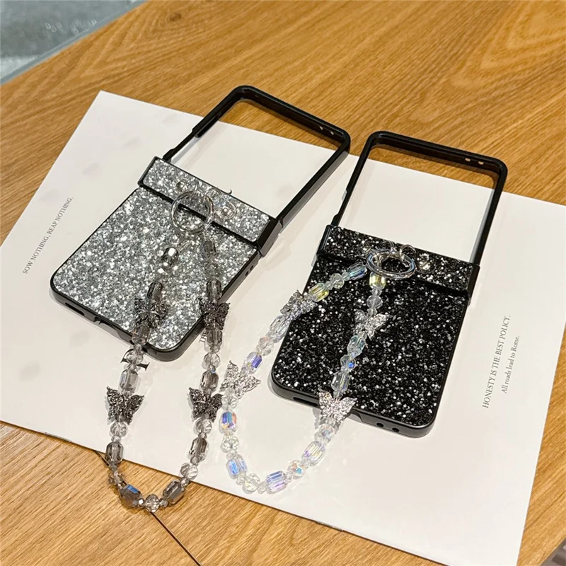 For Samsung Galaxy Z Flip7 5G Case Glitter Rhinestone TPU PC Phone Cover with Butterfly Wrist Strap - Silver