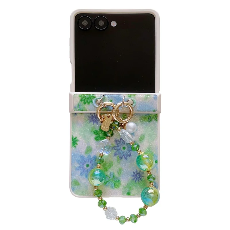 For Samsung Galaxy Z Flip7 5G Case Glitter Flower TPU + PC Phone Cover with Beaded Wrist Strap - Green