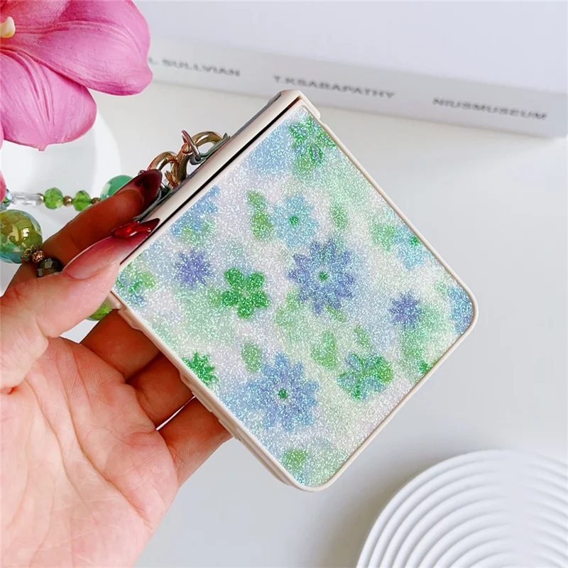 For Samsung Galaxy Z Flip7 5G Case Glitter Flower TPU + PC Phone Cover with Beaded Wrist Strap - Green