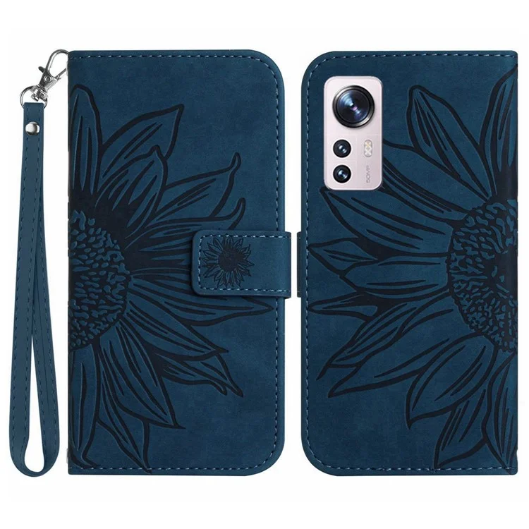 For Xiaomi 12 5G / 12X 5G / 12S 5G HT04 Imprinted Sunflower PU Leather Flip Case Skin-Touch Magnetic Folio Stand Wallet Phone Cover with Strap - Dark Blue