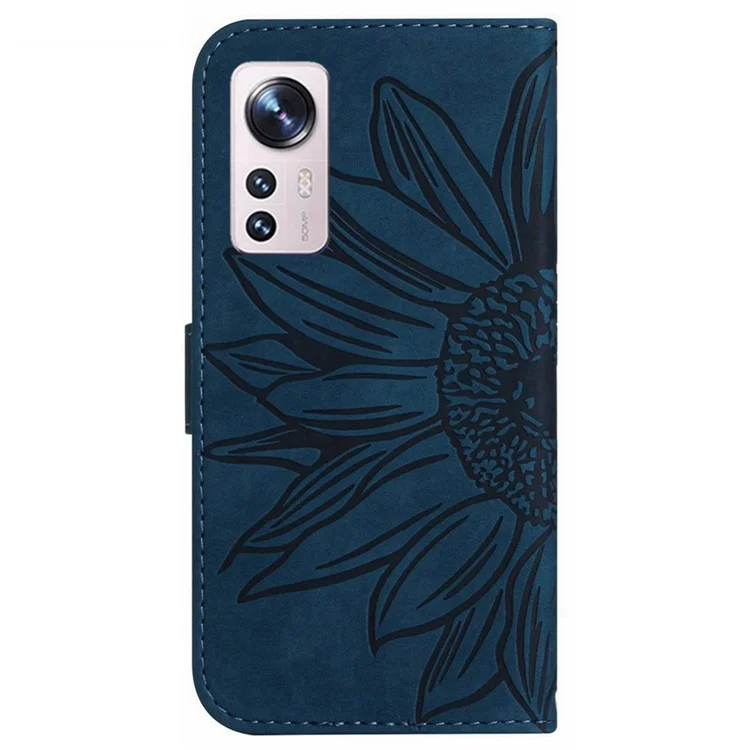 For Xiaomi 12 5G / 12X 5G / 12S 5G HT04 Imprinted Sunflower PU Leather Flip Case Skin-Touch Magnetic Folio Stand Wallet Phone Cover with Strap - Dark Blue