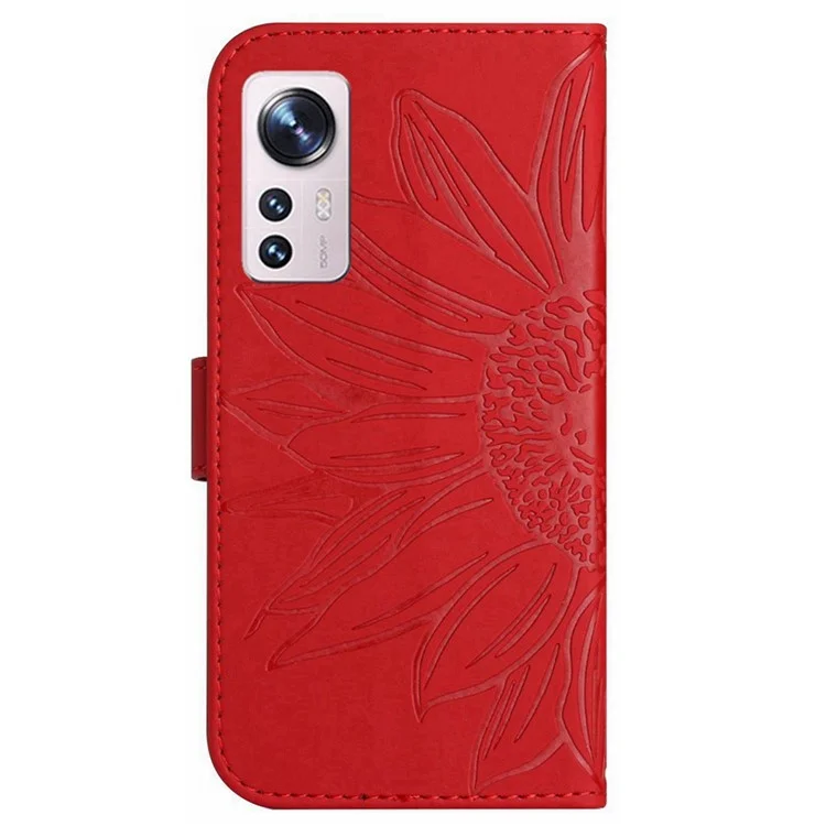 Para Xiaomi 12 Pro 5G / 12 Pro (dimensidade) 5g / 12s Pro 5g HT04 Impresso Caixa de Girassol Caixa de Couro Para Pele PU Spall Tampa Com Cinta - Vermelho