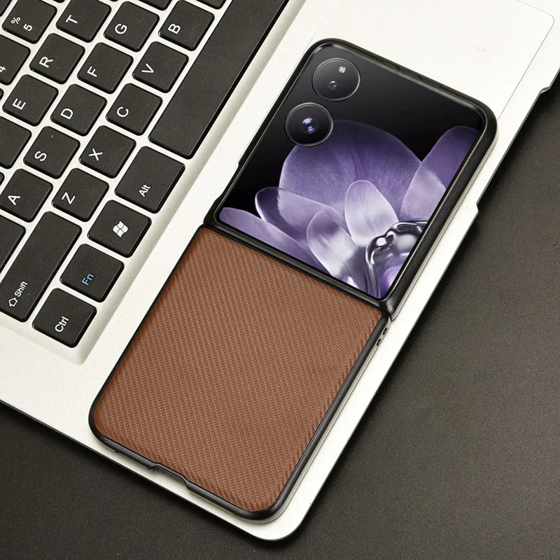 For Xiaomi Mix Flip 2 Case Carbon Fiber Texture Shockproof PU + PC Phone Cover - Brown