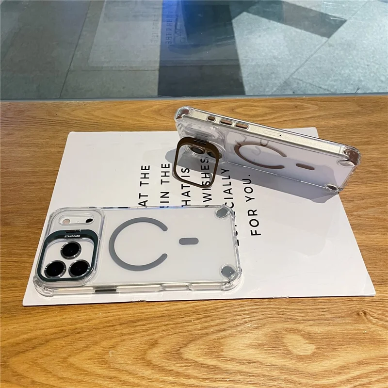 For iPhone 17 Pro Magnetic Case TPU PC Clear Kickstand Phone Cover with Tempered Glass Lens Films - Black