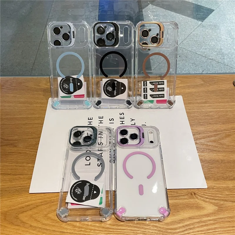 For iPhone 17 Pro Magnetic Case TPU PC Clear Kickstand Phone Cover with Tempered Glass Lens Films - Black