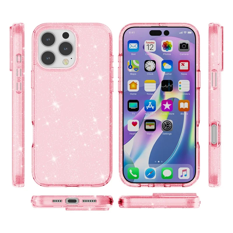AMORUS Для чехла iPhone 16 Pro Max Мягкий TPU Жесткая задняя панель PC Ударопрочный Чехол для телефона - Блестящий розовый