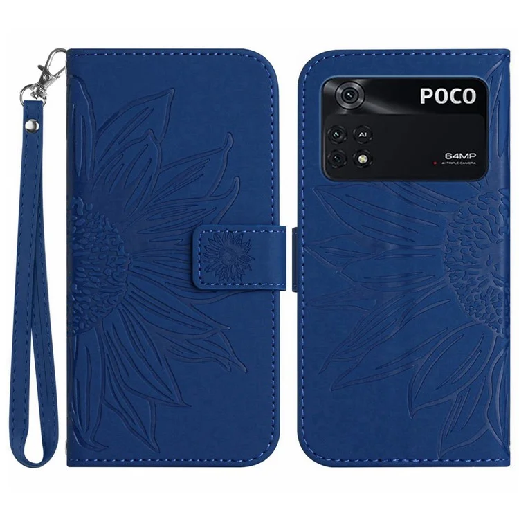 Para Xiaomi Poco M4 Pro 4G HT04 Caixa de Telefone da Carteira Impresso Stand Stand Skin-touch PU Cover Anti-arranhão Com Cinta - Azul Escuro