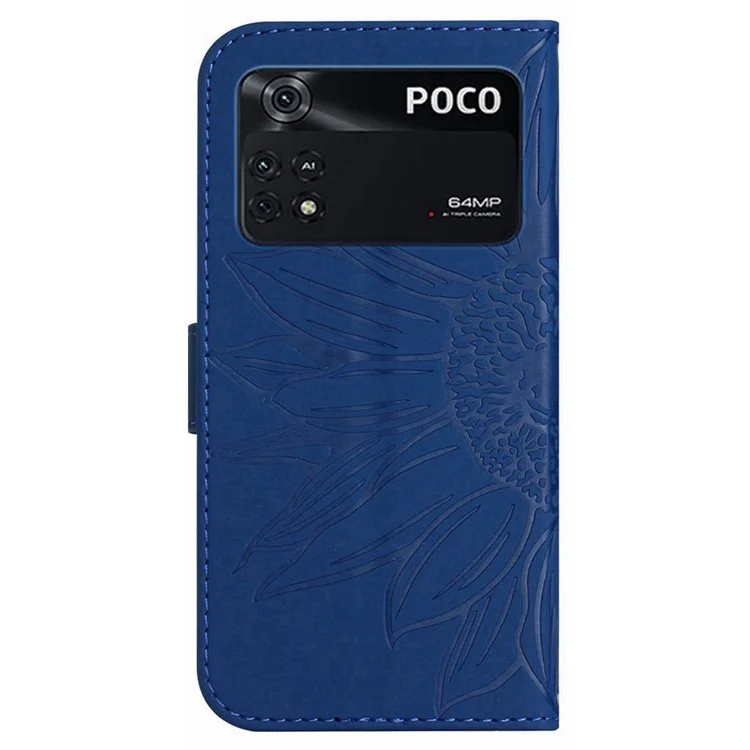 Para Xiaomi Poco M4 Pro 4G HT04 Caixa de Telefone da Carteira Impresso Stand Stand Skin-touch PU Cover Anti-arranhão Com Cinta - Azul Escuro
