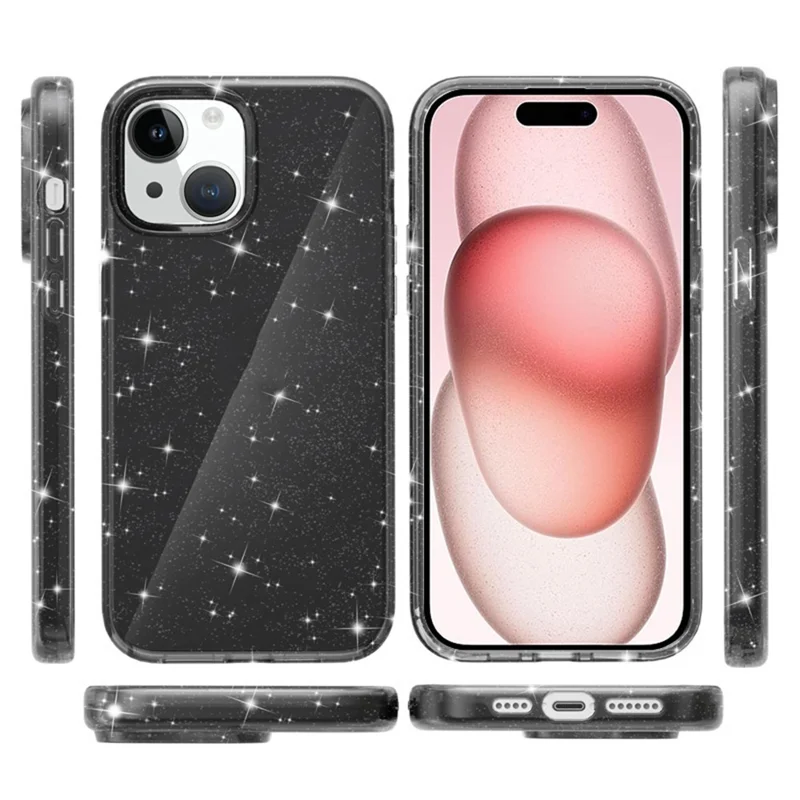 AMORUS For iPhone 15 Case Soft TPU Hard PC Back Shockproof Phone Cover - Glitter Black