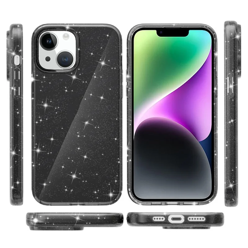 AMORUS Cover per iPhone 15 Plus / 14 Plus Custodia Morbido TPU Retro Rigido PC Antiurto Protezione Telefono - Nero Glitter