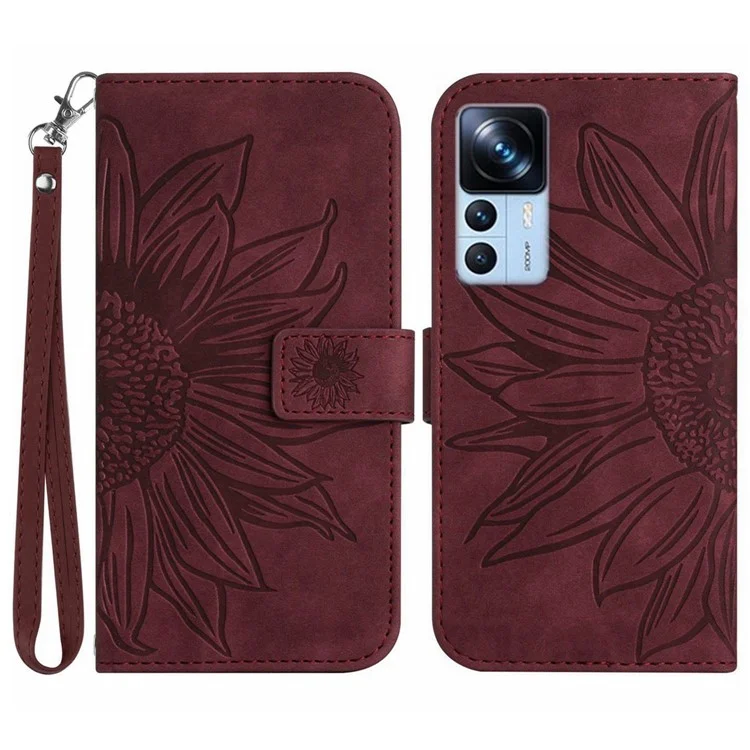 Per Xiaomi 12t 5g / 12t Pro 5G HT04 Custodia Per il Telefono Del Portafoglio di Girasole Impresso - Vino Rosso