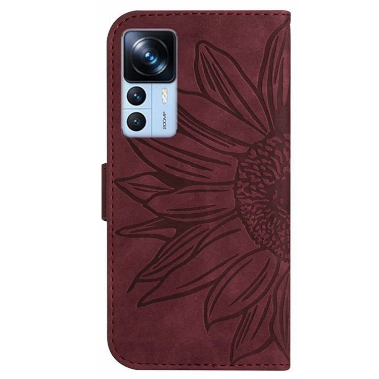 Per Xiaomi 12t 5g / 12t Pro 5G HT04 Custodia Per il Telefono Del Portafoglio di Girasole Impresso - Vino Rosso