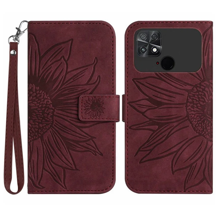 Pour Xiaomi Poco C40 4G HT04 Sorrage Impreste Sunlopie PU Charge Case Sollet - Vin Rouge