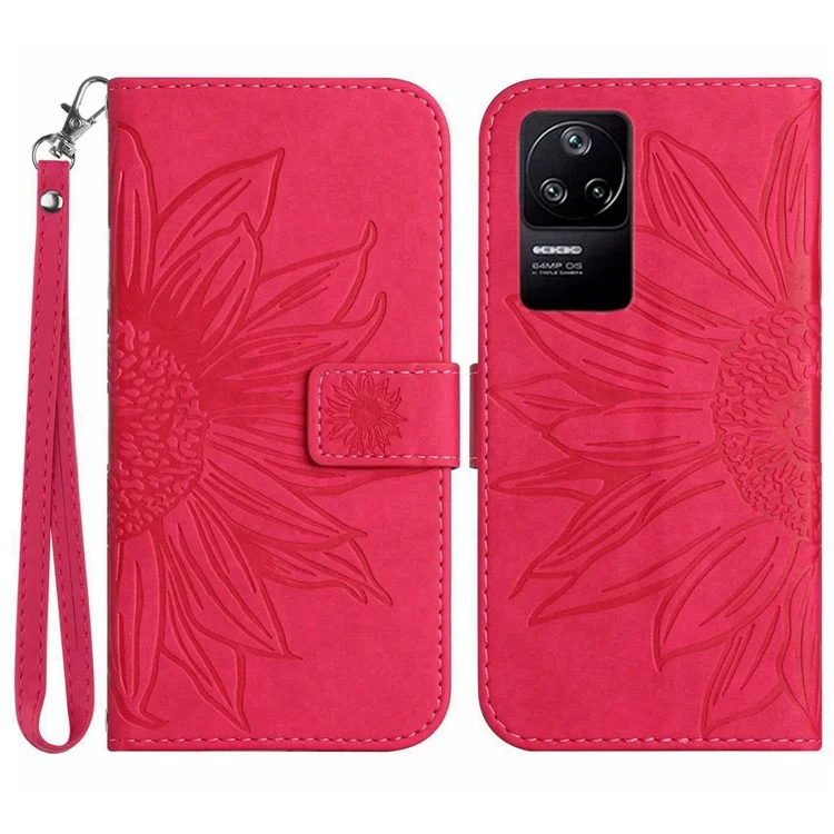 Per Xiaomi Poco F4 5G / Redmi K40S 5G HT04 Impronta Servitore di Girasole Portafoglio Telet Custodia Per Pelle PU Coperchio Anti-drof - Rosa