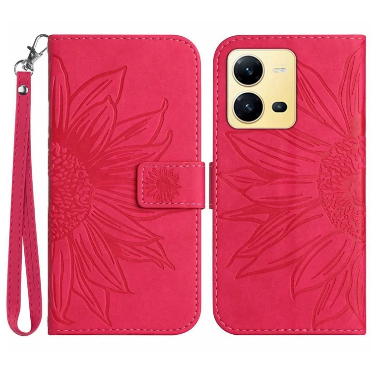 Para vivo X80 Lite 5G / V25 5G Impresso Carteira de Girassol Stand Phone Case Skin-touch Couro PU Fecho Magnético Capa com Alça - Rosa
