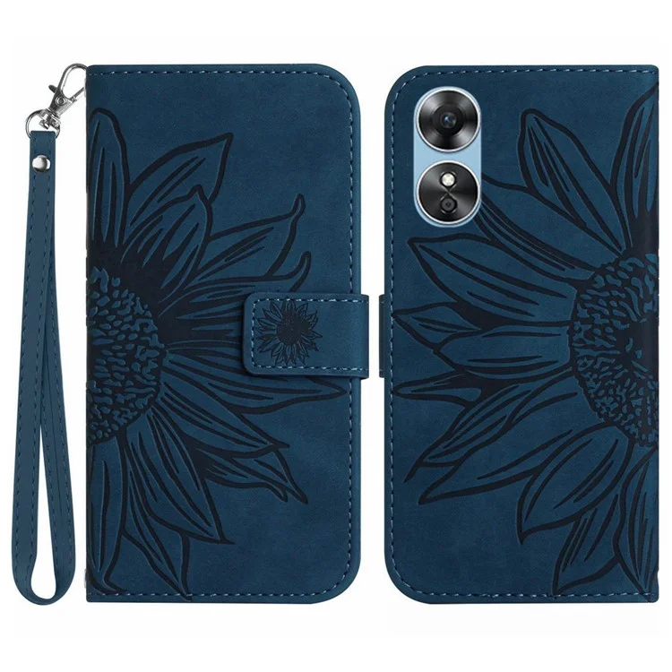 Para Oppo A17 4G Impresión de la Caja de Cuero de Girasol PU de la Piel Touch Magnético Soporte de la Billetera Cubierta Del Teléfono Con Correa - Azul Oscuro