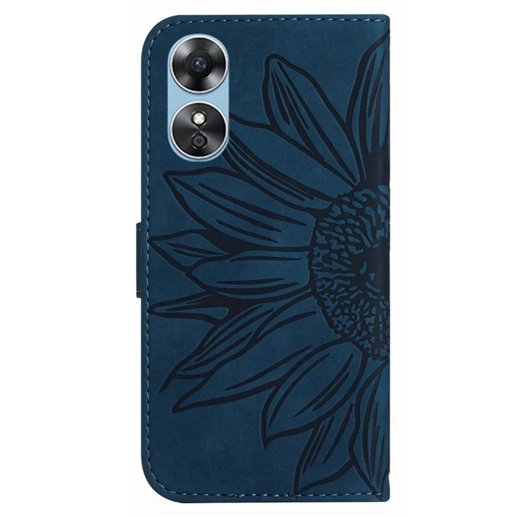 Para Oppo A17 4G Impresión de la Caja de Cuero de Girasol PU de la Piel Touch Magnético Soporte de la Billetera Cubierta Del Teléfono Con Correa - Azul Oscuro